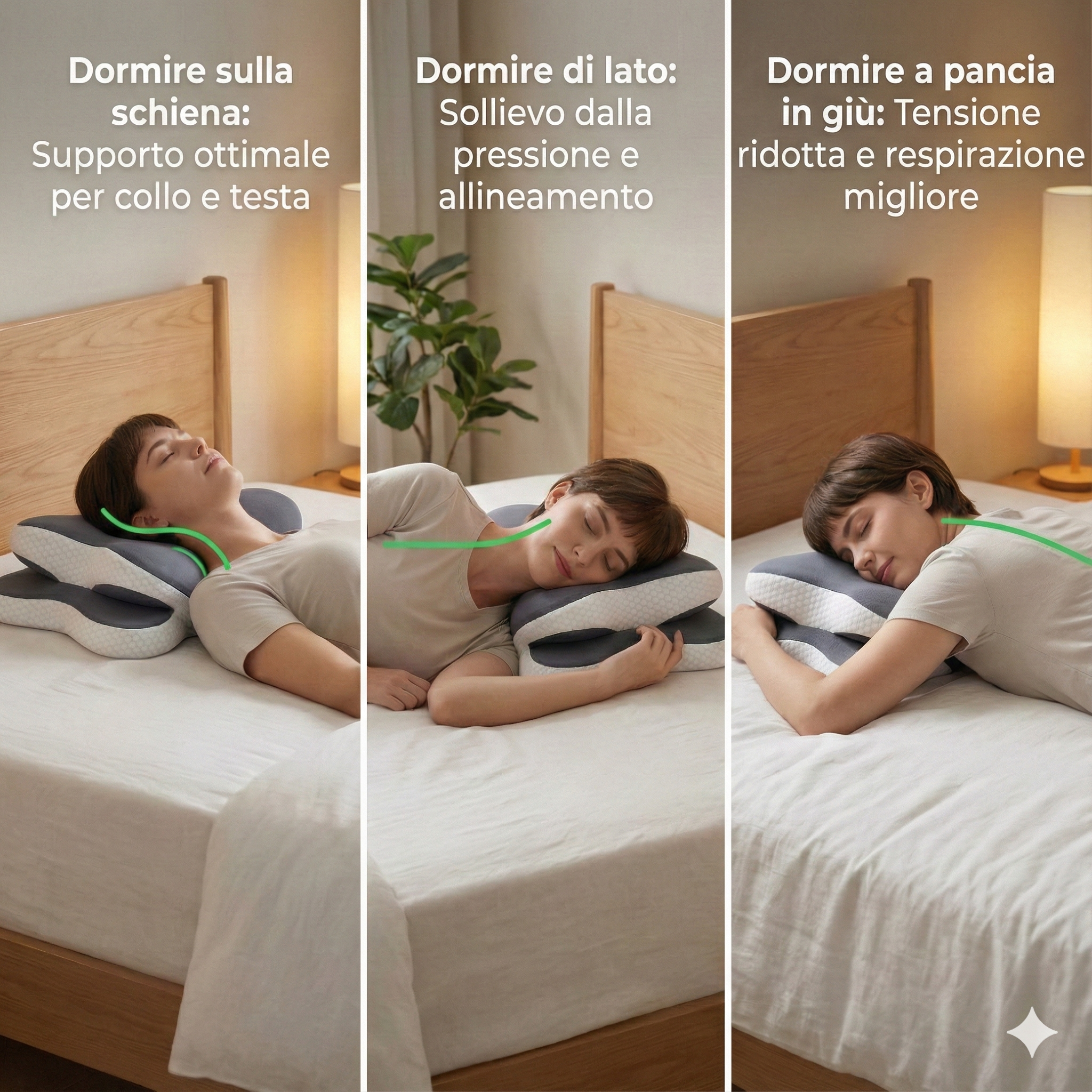 Tre posizioni di sonno con cuscino a farfalla – side, back, stomach