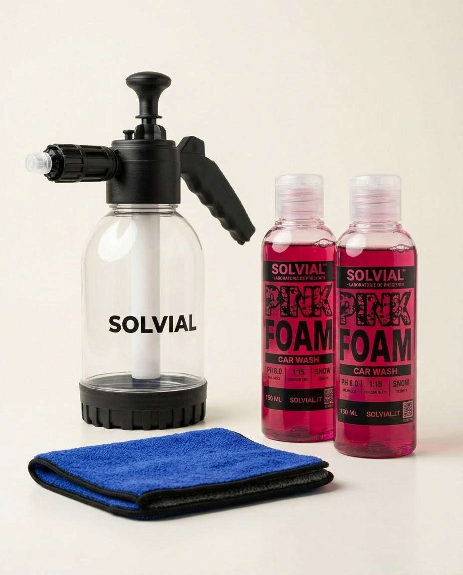 Kit SOLVIAL: pompa manuale 2 L, due flaconi PINK FOAM da 150 ml e panno in microfibra