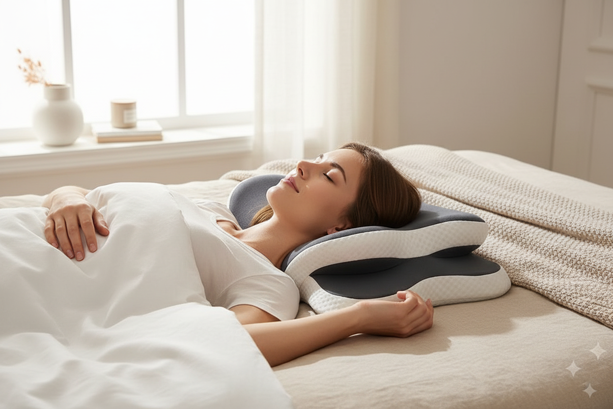 Persona che dorme profondamente usando cuscino cervicale