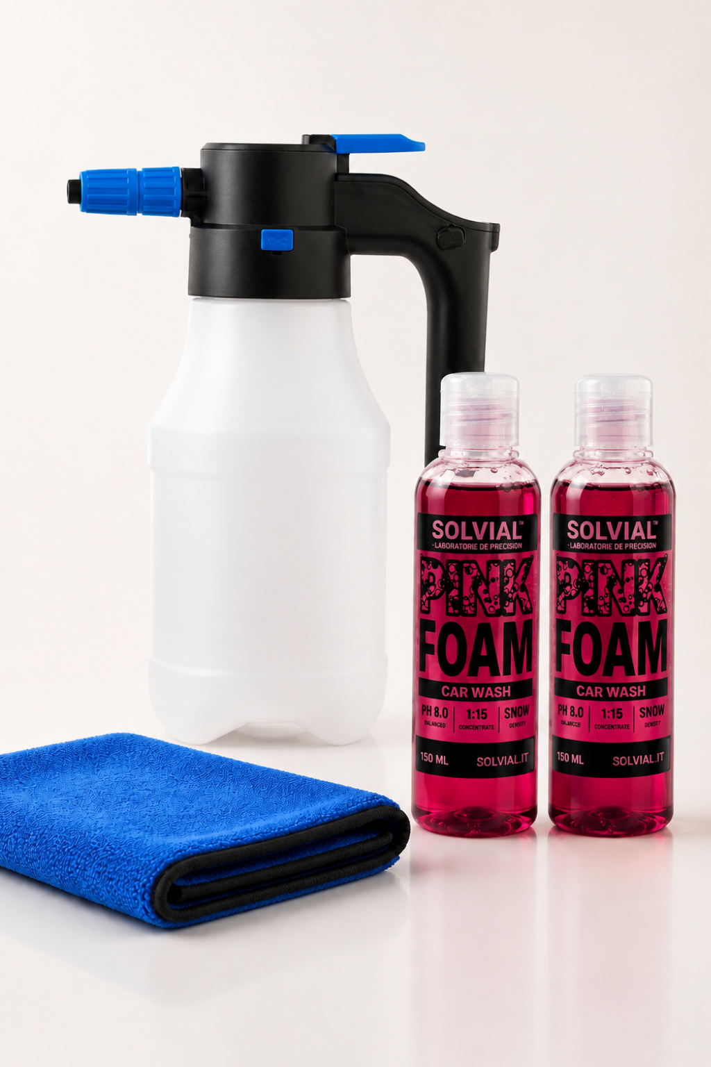 Kit elettrico SOLVIAL con due flaconi PINK FOAM e panno blu