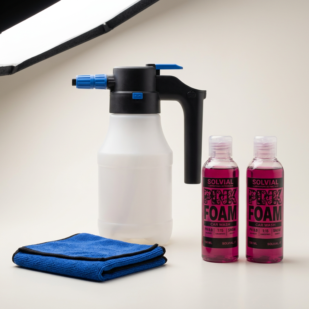 Kit Schiuma Rosa Elettrico SOLVIAL: spruzzatore, due flaconi PINK FOAM e panno in microfibra